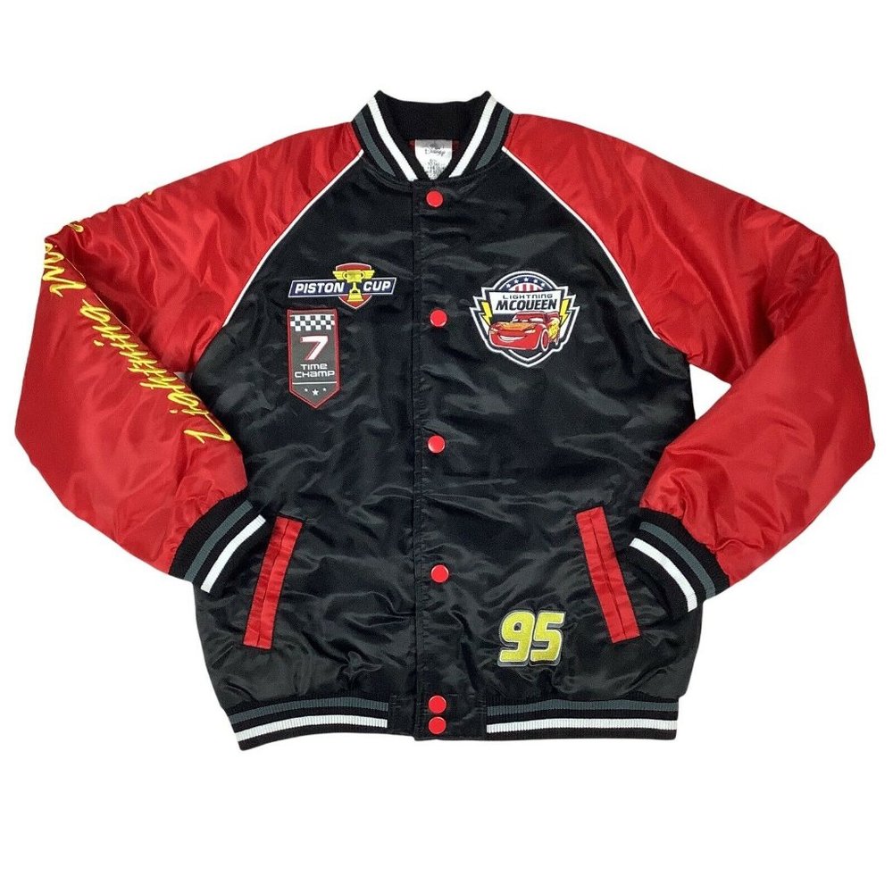 Disney Store Boy's Size 9/10 Cars Lightning McQueen Black Red Varsity Jacket